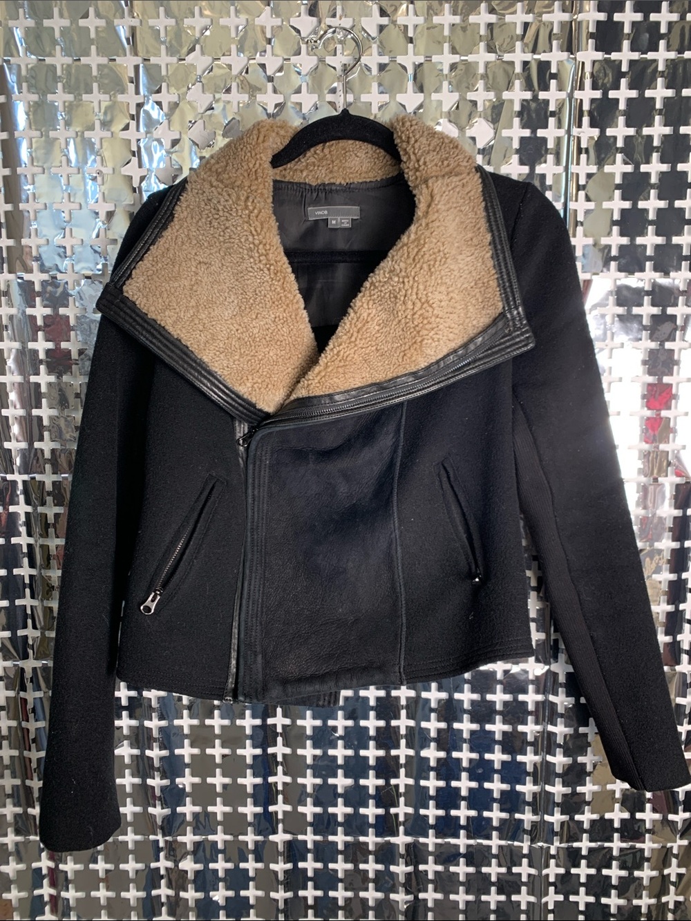 Vince Black Teddy-Lined Moto Jacket with Tan Shearling Collar